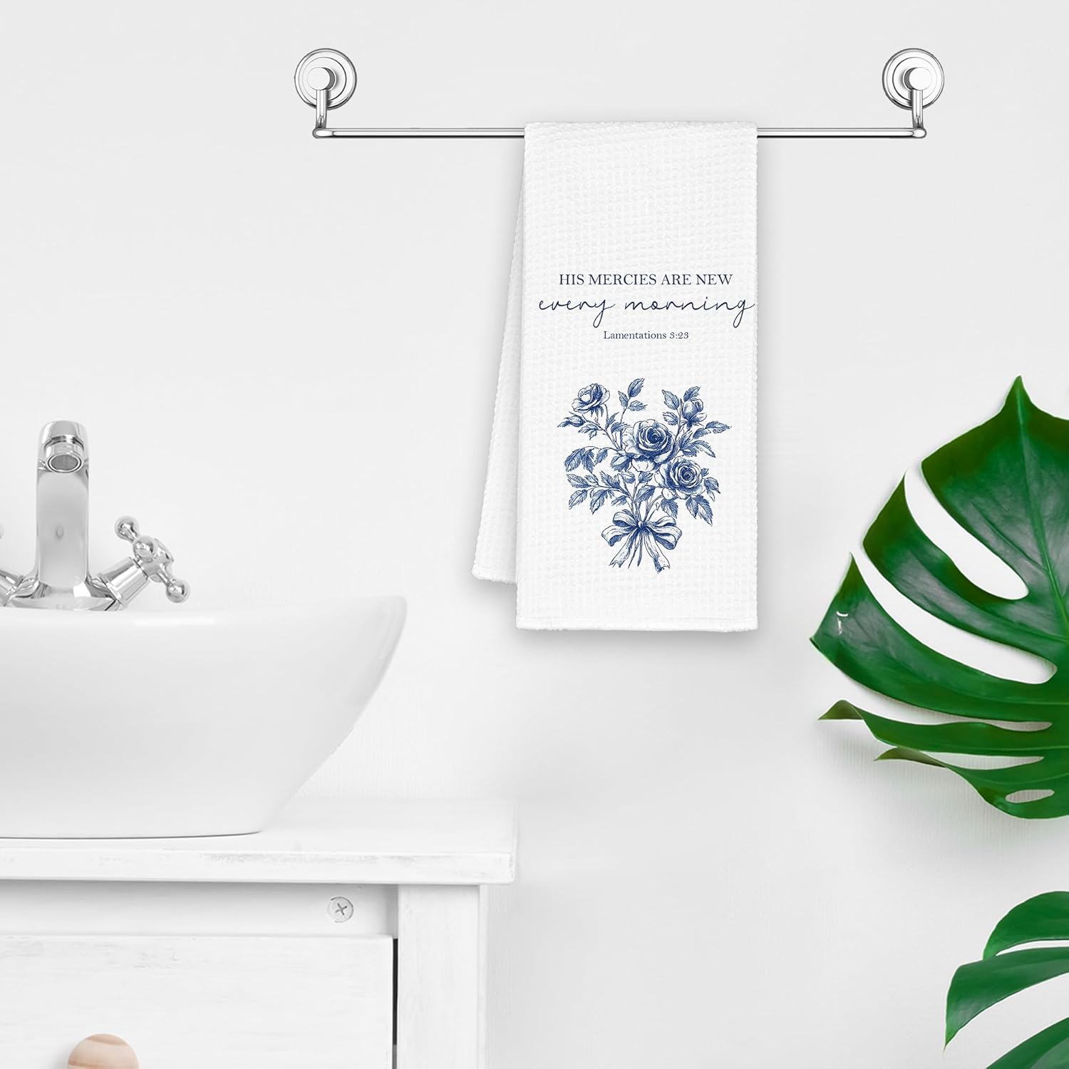 Vintage Christian Blue Peony Floral Kitchen Towels, Scripture His Mercy are New Every Morning Hand Towels for Bathroom, Rustic Decorative Dish Towels Decor for Home 16x24in - Image 5