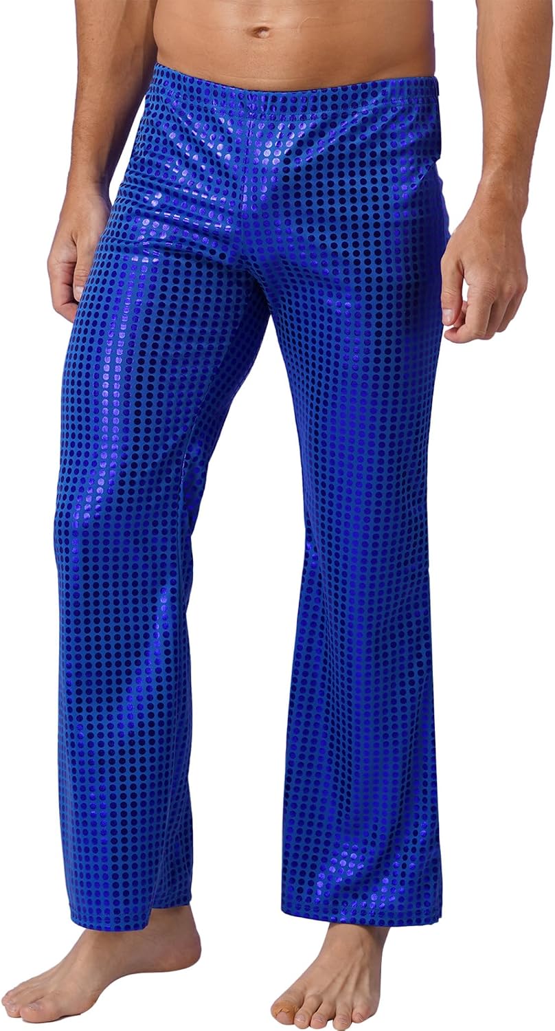 Men's Stylish Stage Performance Elastic Waistband Flared Pants Shiny Sequins Long Dance Trousers