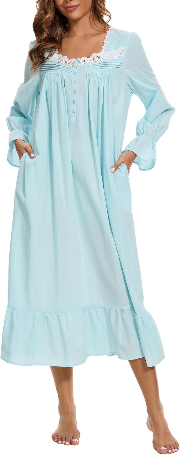AVIIER 100% Cotton Nightgowns for Women Long Sleeve House Dress Ladies Sleepwear with Pockets - Image 3