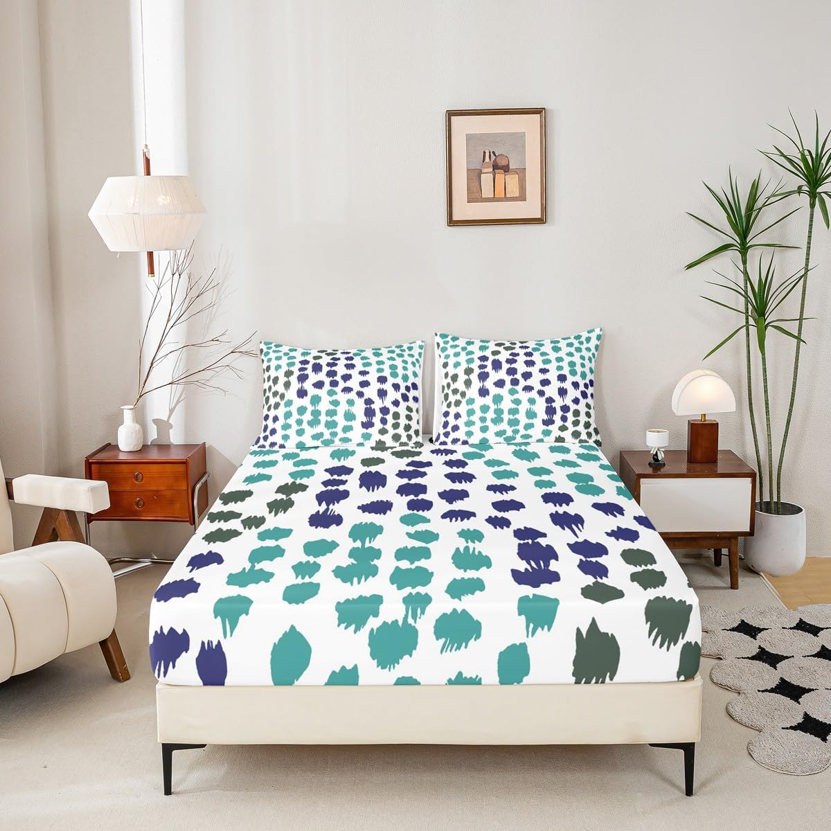 Erosebridal Orange White Bed Sheets Boho Polka Dots Bedding Set Full Abstract Geometric Circle Fitted Sheet Brush Stroke Style Bed Cover Fashion Room Decor 3 Pcs