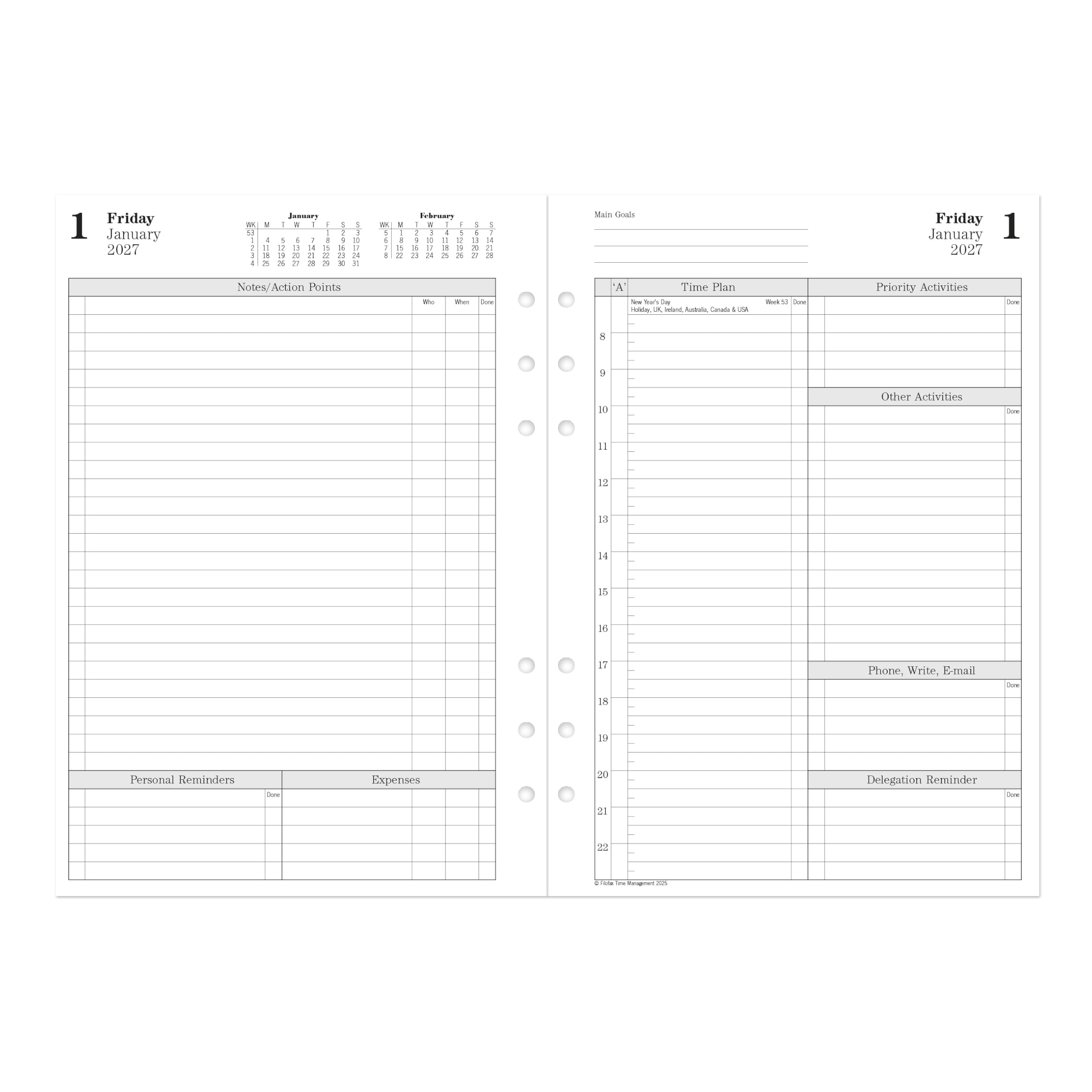 Filofax CTM7031-27 Recharge pour agenda format A5, un jour sur deux pages avec rendez-vous, gestion du temps, papier blanc, anglais, 2027