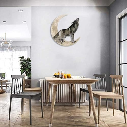 Vista 4 de Arte de pared de metal, lobo en la luna para interiores y exteriores, escultura de pared de lobo de hierro forjado 3D para sala de estar