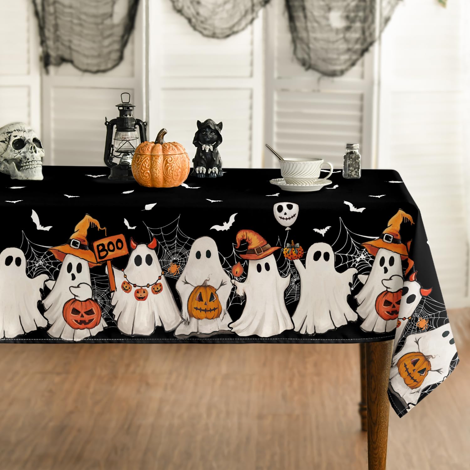 Horaldaily Halloween Tablecloth 52×70 Inch Rectangular, Black Bat Ghost Pumpkin Spider Cobweb Washable Seasonal Table Cover for Party Picnic Dinner Decor-image-11