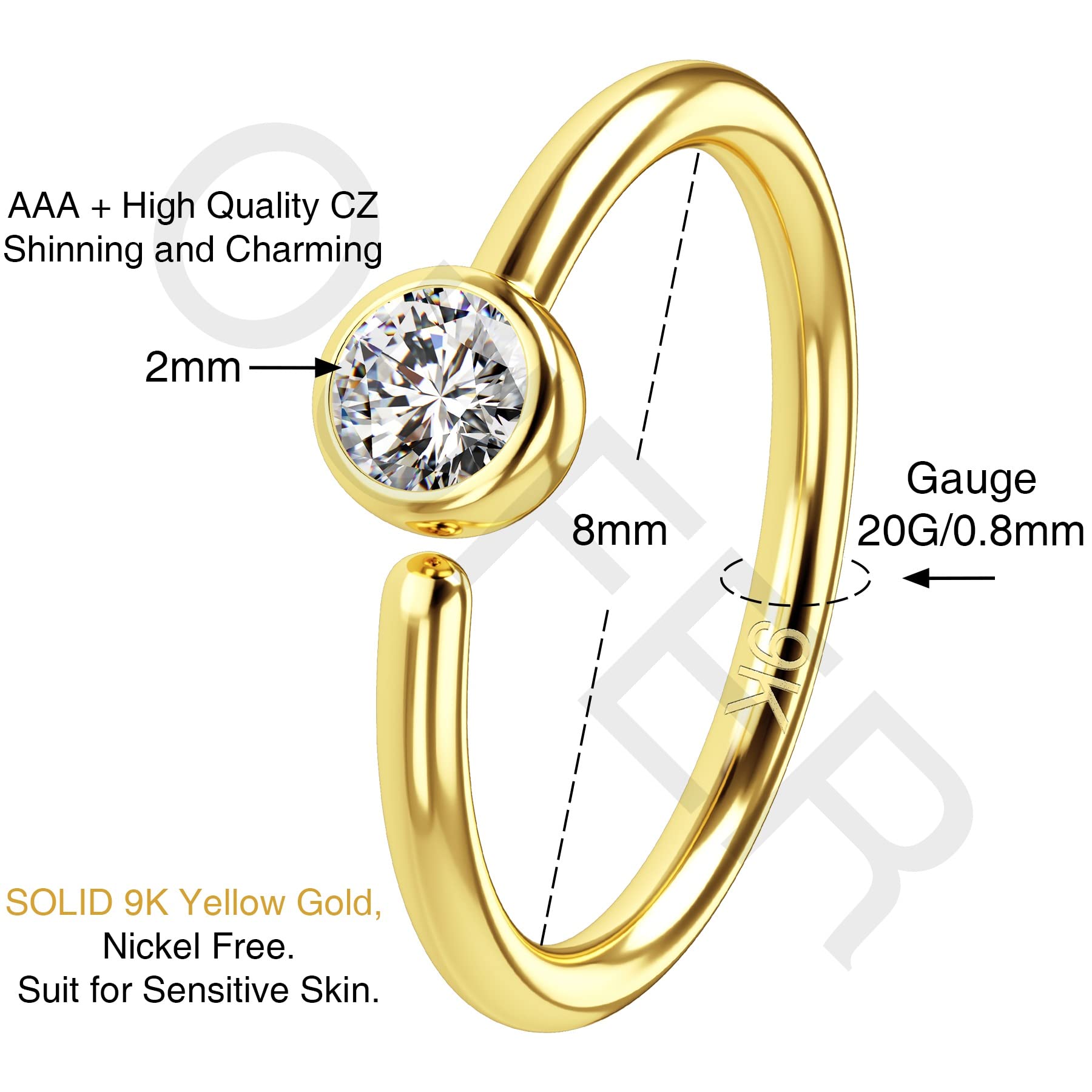 OUFER Aro de nariz de oro macizo de 9 quilates, circonita cúbica, calibre 20, sin costuras, abierto, para hélice, cartílago, rook, joyería corporal, regalo para mujeres y hombres, 8 mm