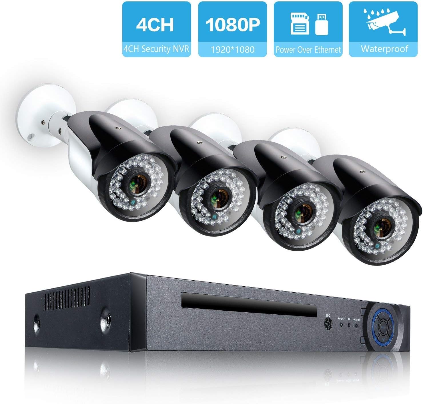 PoE Home Security Camera System, 4CH 2MP NVR with (4) 2.0 Megapixel 1920x1080 Outdoor/Indoor Surveillance POE IP Cameras 115ft Long Night Vision,Remote Access,Motion Detection(No Hard Drive)