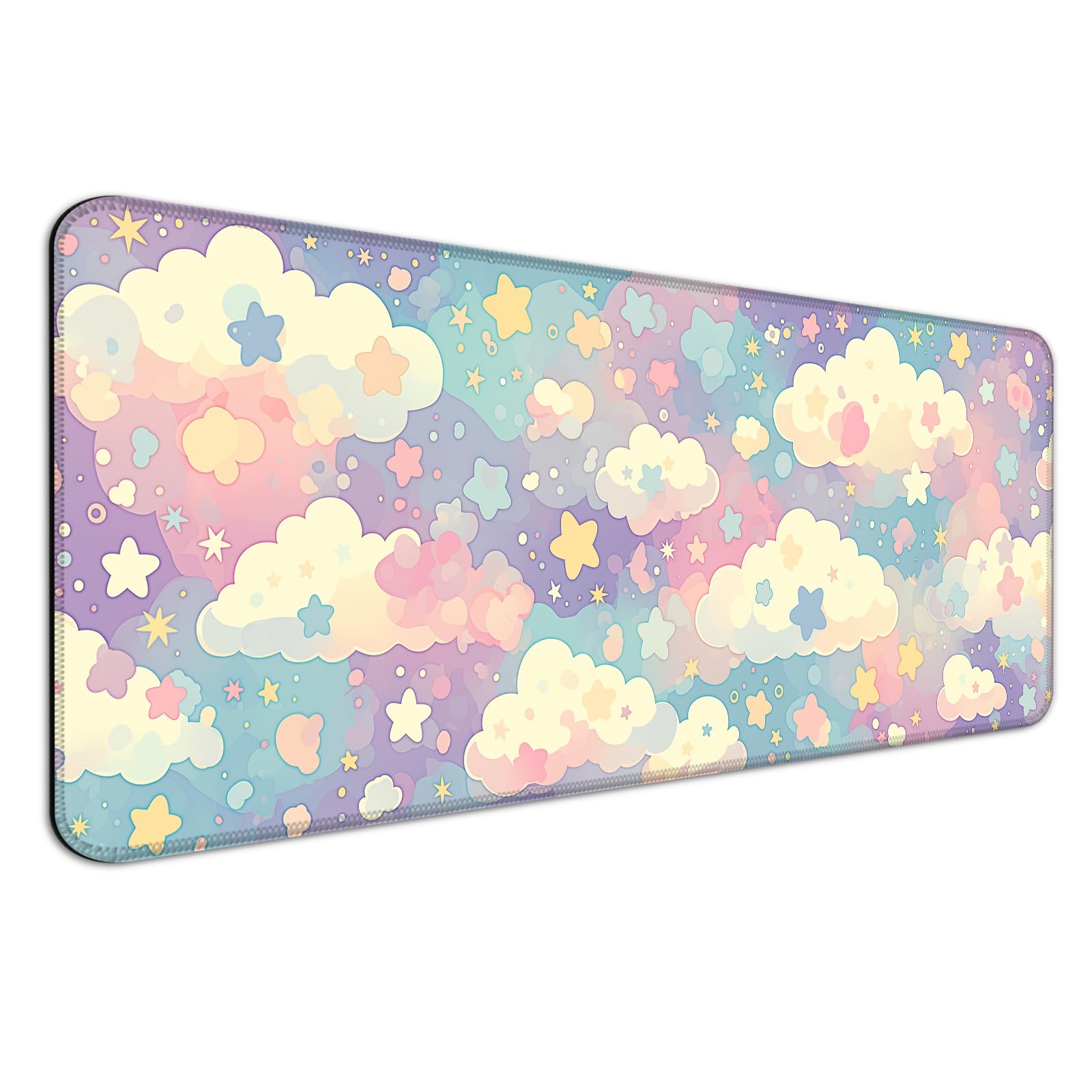 AYKDTFN Cute Colorful Cloud and Star Desk Mat, Watercolor Pink Extended Large Gaming Mouse Pad, Computer Keyboard Laptop Girl Kawaii Mousepad for Work, Game, Office and Home, XL