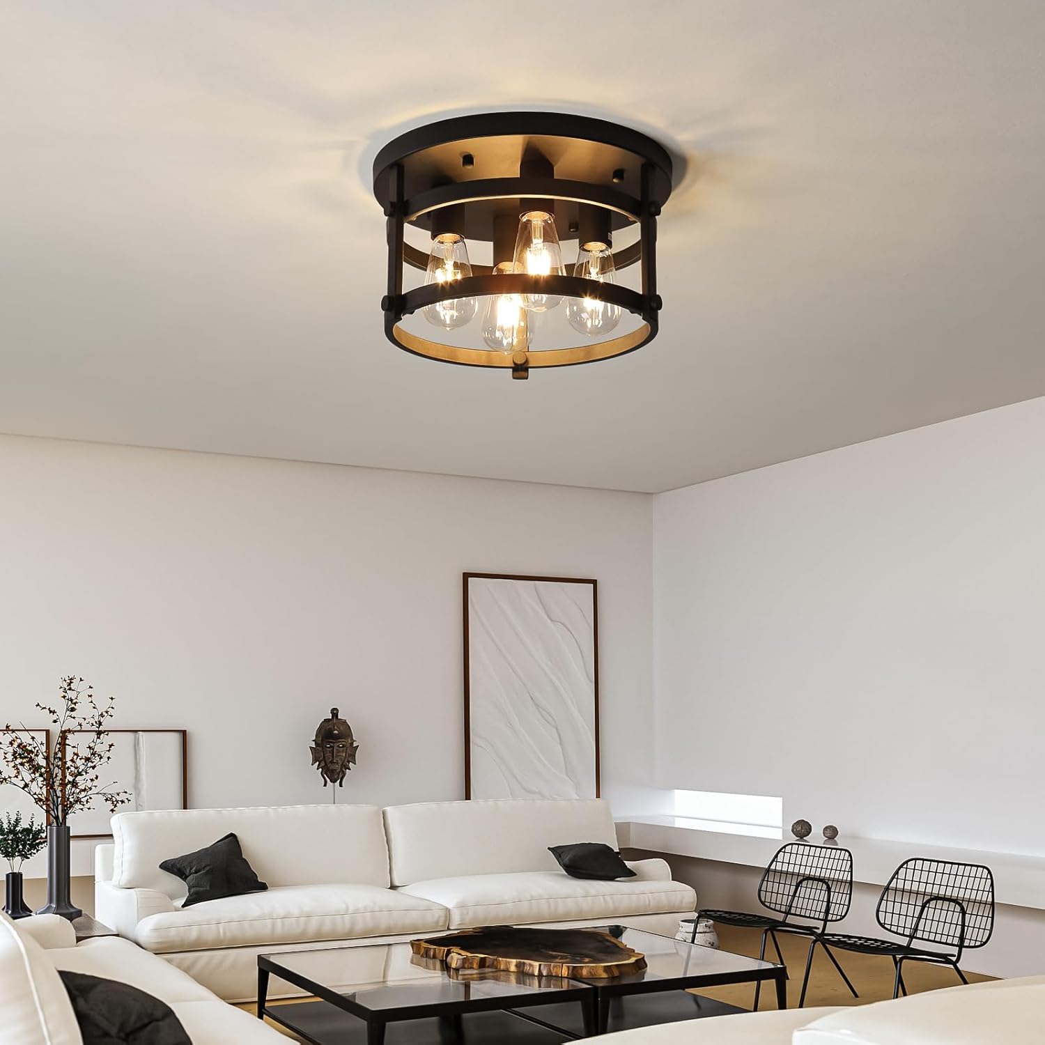 4-Light Retro Farmhouse Flush Mount Round Vintage Metal Ceiling Light Fixtures, Rustic Ceiling Lamp for Kitchen Island Hallway Entryway Bedroom Dining Room, E26 Bulbs, 13"