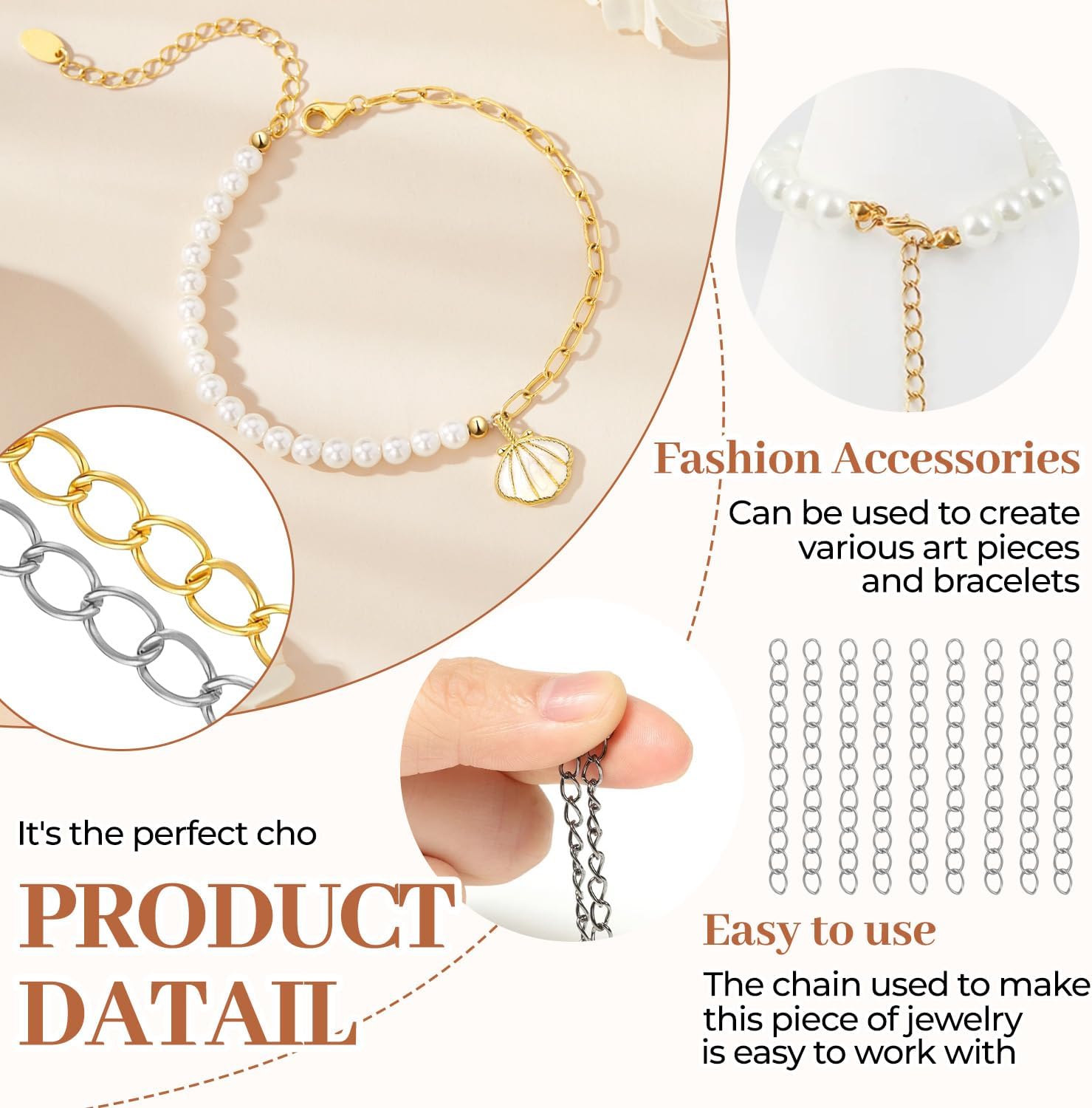 200 Pcs Chain Extender for Jewelry Making, 100 Gold + 100 Silver Extension Chains for Necklace Bracelet Anklets, 5x50mm Jewelry Tails Repair Tool, Alloy Metal