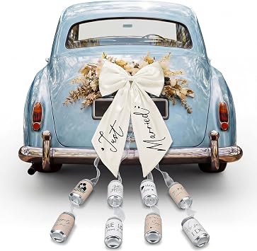 Thiccywoov 18 Pcs Just Married Car Decorations Wedding Car Decorations Giant Pull Ribbon Bow Tin Cans Stickers for Automotive Decor Accessories Bride Vehicles Photo Props Elegant Wedding Party Decor