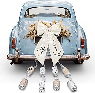 Thiccywoov 18 Pcs Just Married Car Decorations Wedding Car Decorations Giant Pull Ribbon Bow Tin Cans Stickers for Automotive Decor Accessories Bride Vehicles Photo Props Elegant Wedding Party Decor