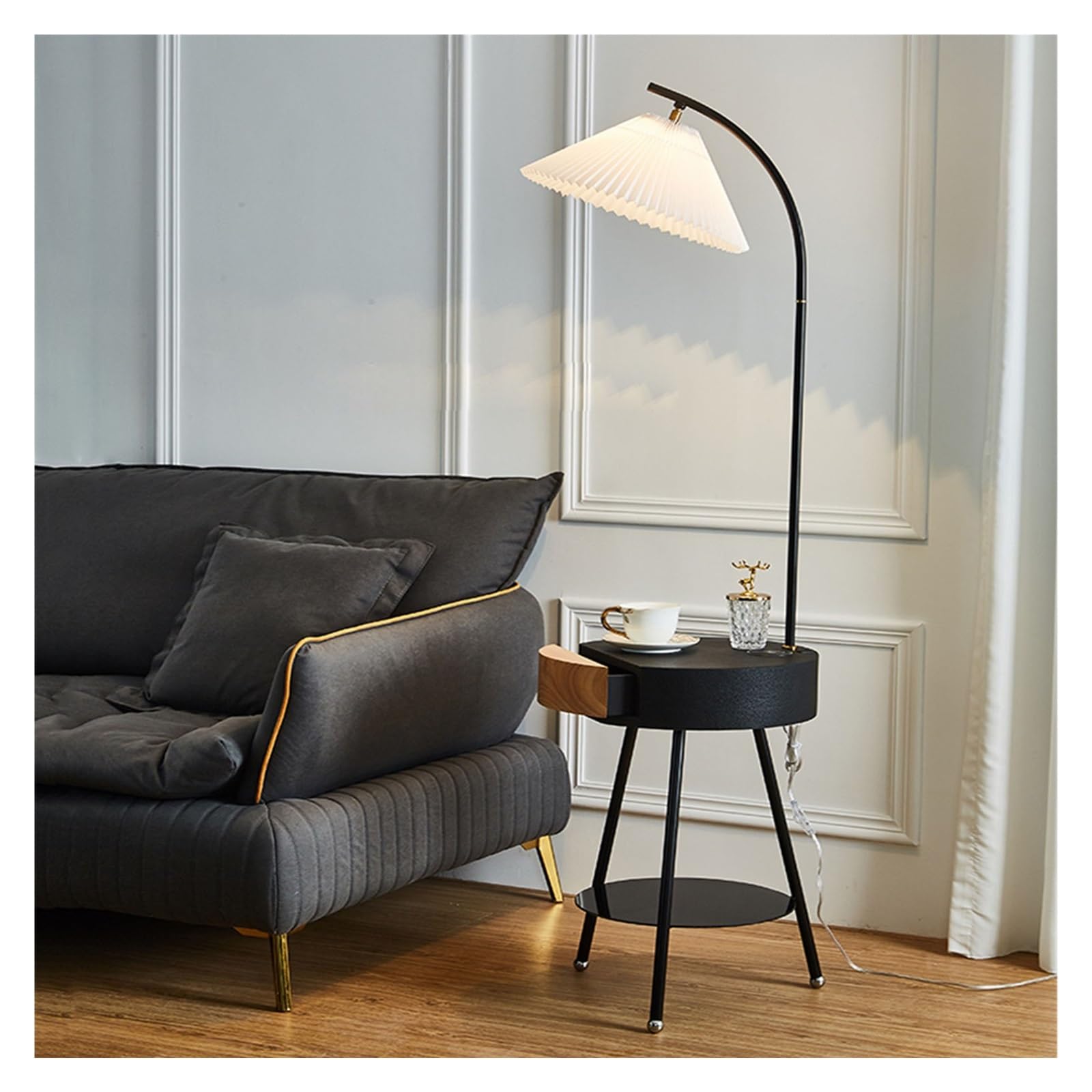 LJHFG63KUYT Standing Lamps Floor Lamp with Table, End with Charging Station USB Ports, Nightstand with Drawer for Living Room, Bedroom, Apartment Decorate(Black)