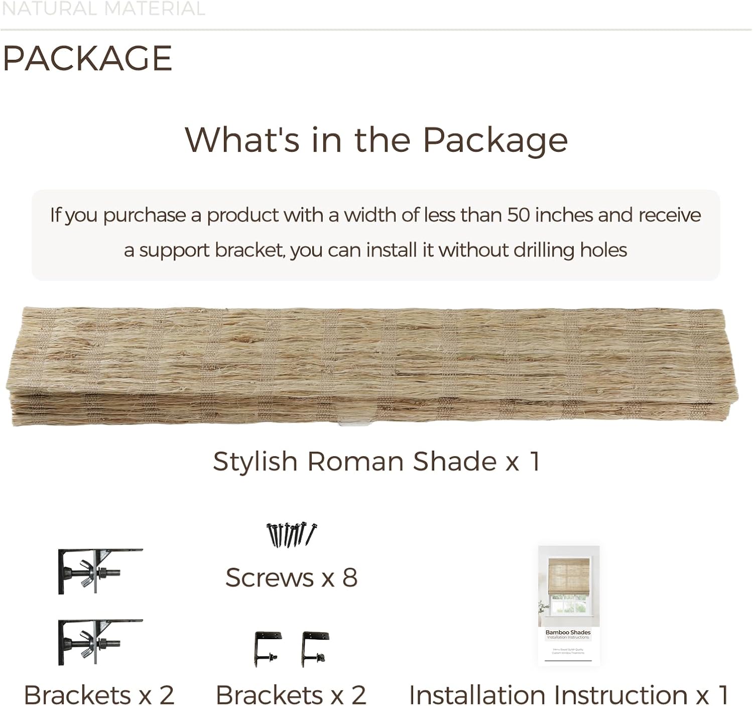 TWOPAGES Natural Woven No Drill Roman Shades, Custom Cordless Light Filtering Bamboo Roman Blinds for Indoor Windows French Door, Almond