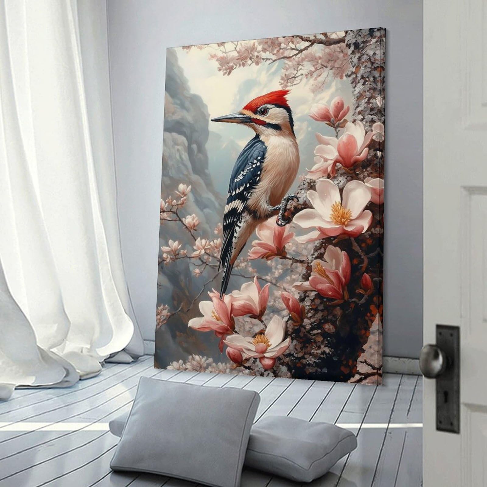 Junmoney Woodpecker on Flowering Branch Painting Home Decor Wall Art, 08x12inch(20x30cm), for Lounge, Bedroom Or Personal Spaces, Gift Idea for Housewarming And Birthdays
