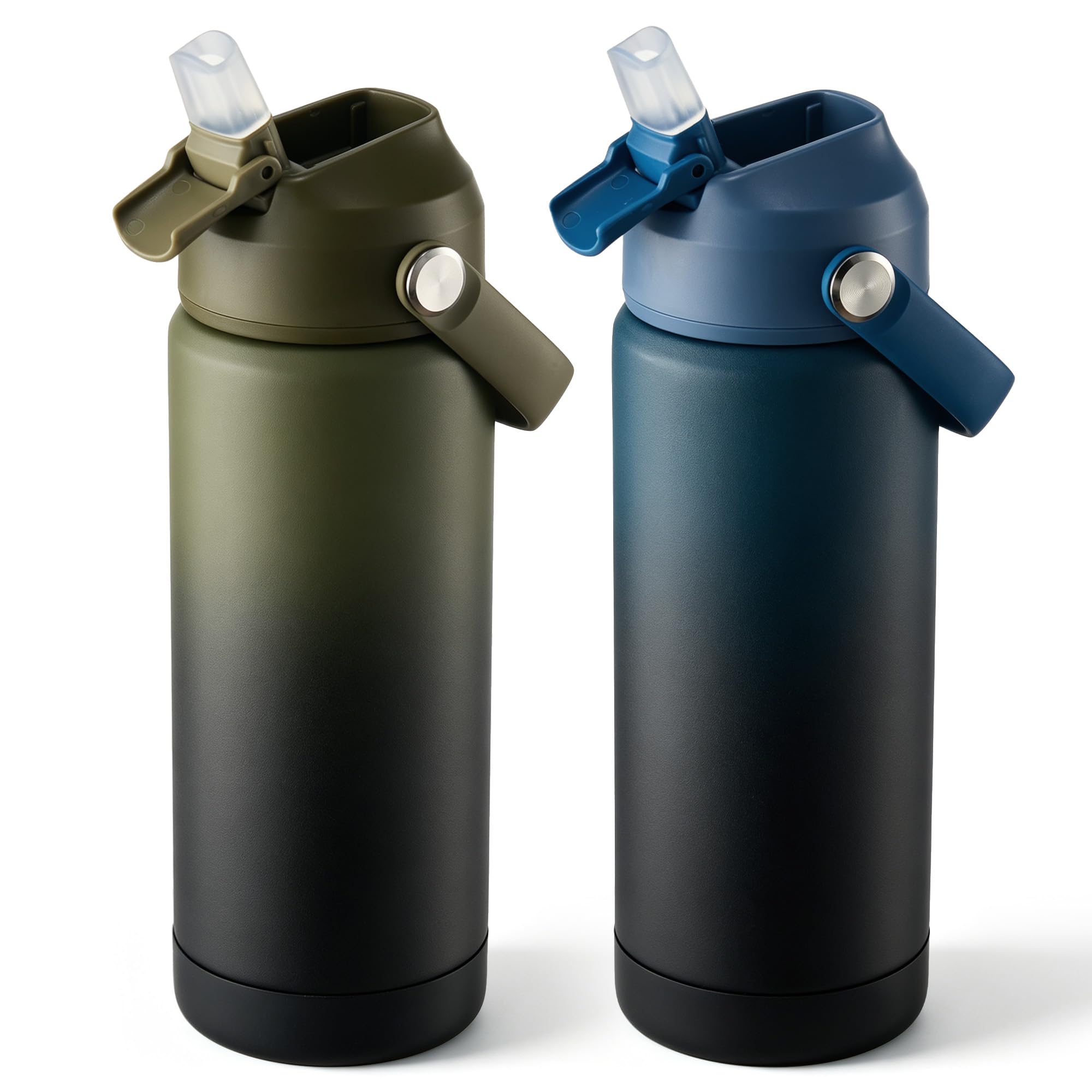 Fijinhom 18 oz Insulated Water Bottle with Straw Lid, Stainless Steel Water Bottles, Double Wall Vacuum, Portable Handle &amp; Non-slip Bottom, BPA Free Leak Proof Metal Bottles (Green+Black/Blue, 2pack)