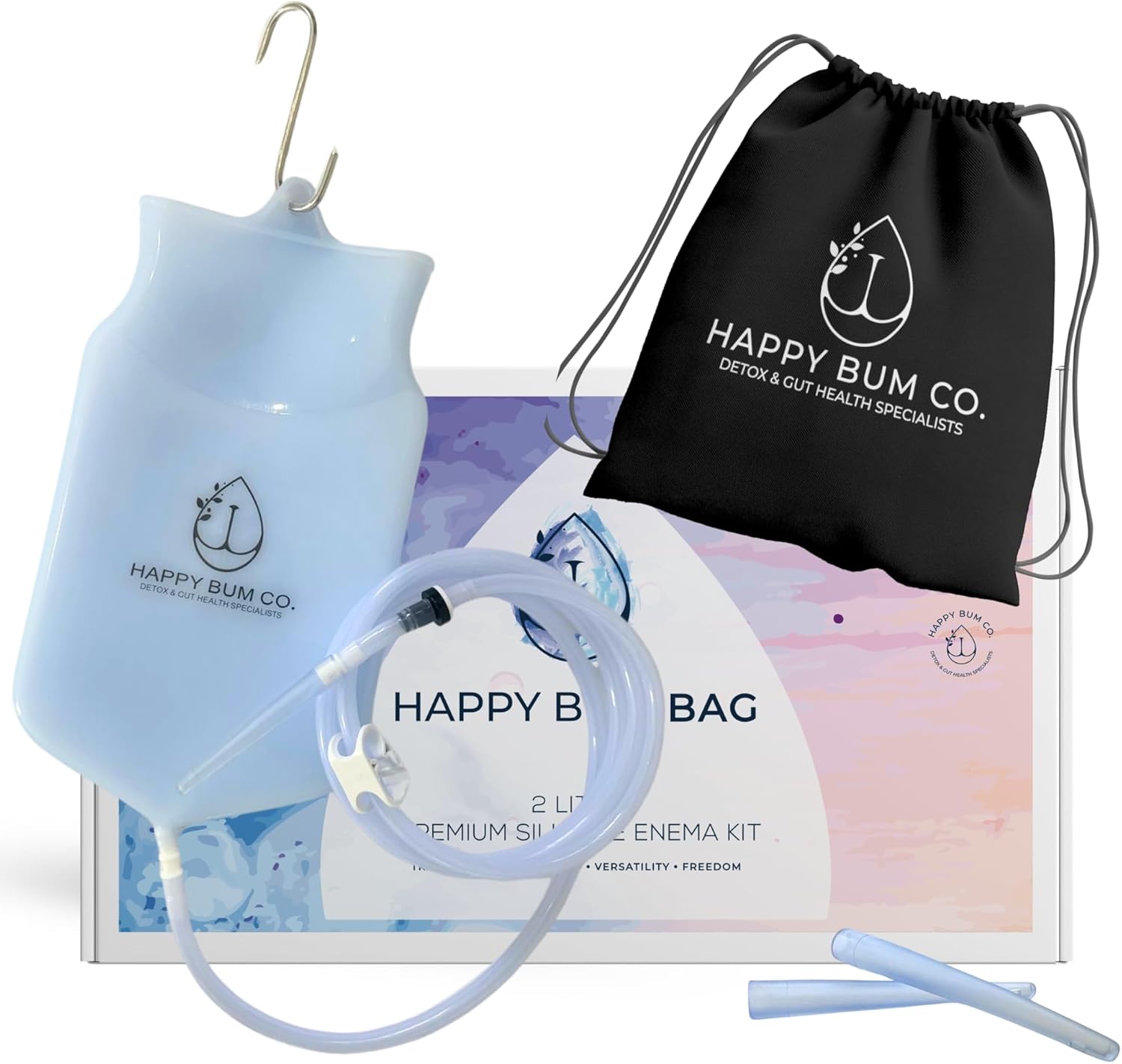 Happy Bum Bag Enema Kit | 6.5ft Silicone Hose, 2L Non-Toxic Silicone Enema Bag with 3 Replacement Tips | Reusable Coffee Enema Kit Suitable for Water & Coffee Enemas for Colon Cleanse for Women & Men