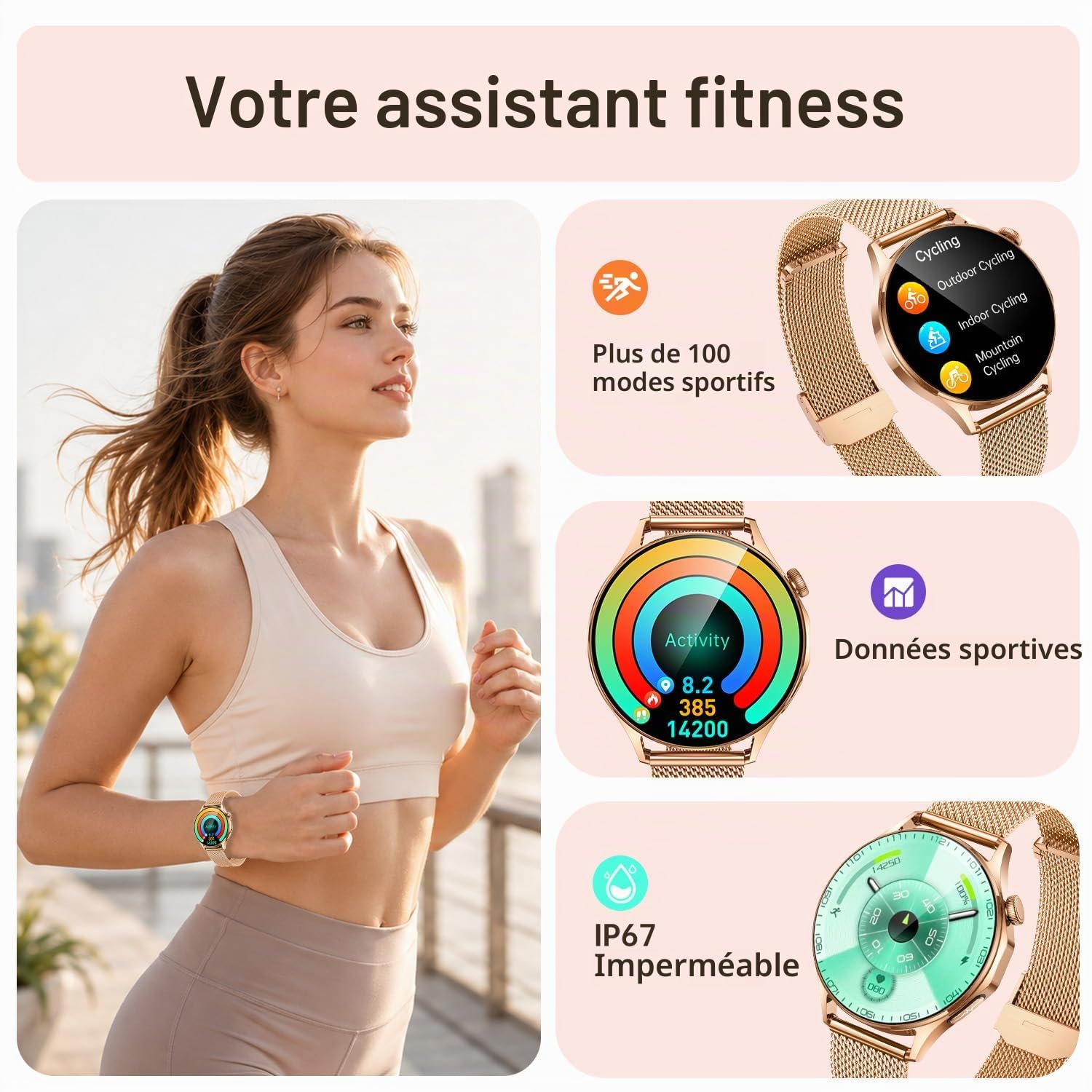 ECG Montre Connectée Femme Smartwatch: 1.32" AMOLED Écran PPG HRV IMC Acide Urique Émotions Repondre Appel Sommeil Fréquence Cardiaque SpO2 Étanche Podomètre Température Montre Sport pour Android iOS