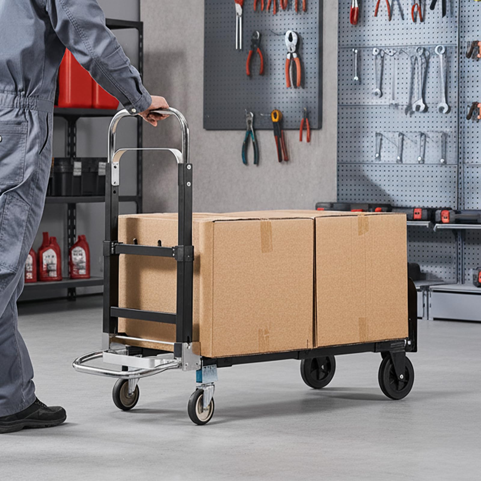 VEVOR Carrello a Mano Pieghevole, Capacità di Carico di 226,9 kg per la Modalità a 4 Ruote, Carrello a Mano Convertibile con Ruote e Maniglia Regolabile, per Traslochi di Casa, Ufficio, Magazzino
