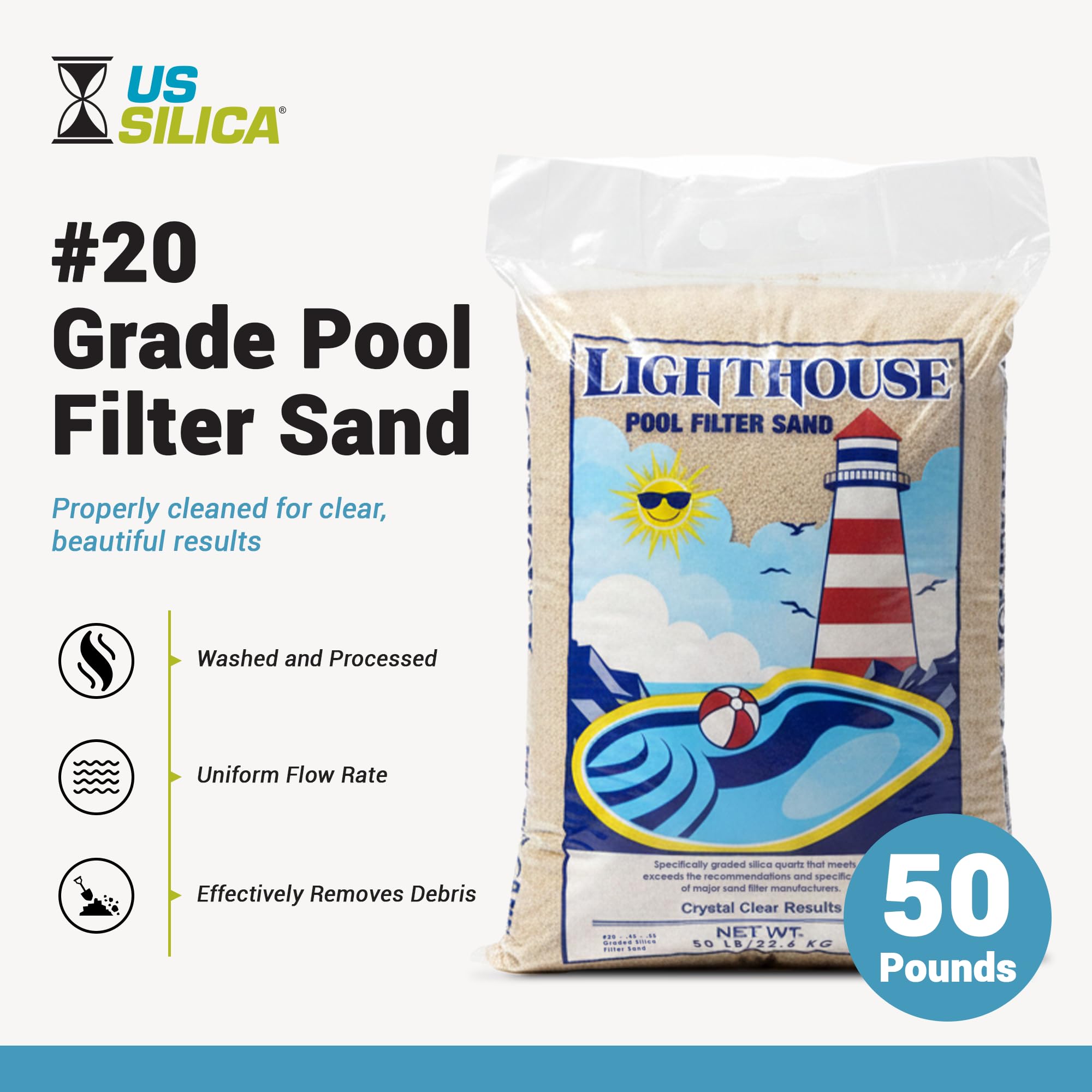 U.S. Silica Sabbia filtrante per piscina da 50 libbre, mezzi di filtrazione cristallini sicuri e inodore della silice per manutenzione dei sistemi della piscina