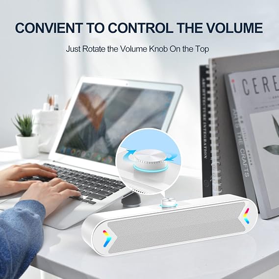 LENRUE Computer Speakers,PC Speakers for Desktop,Wired USB-Powered Sound-bar for Computer with 10W Stereo Sound and Colorful Light,Plug-n-Play (White-AUX)