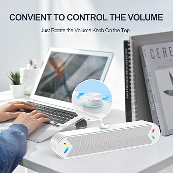 LENRUE Computer Speakers,PC Speakers for Desktop,Wired USB-Powered Sound-bar for Computer with 10W Stereo Sound and Colorful Light,Plug-n-Play (White-AUX)