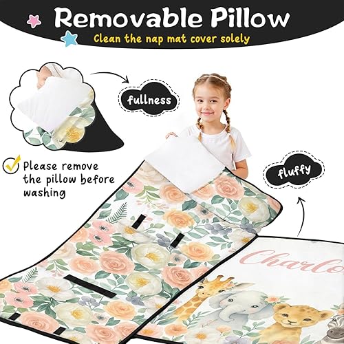 Miniatura 3 de Tapete personalizado para siesta para niños pequeños con funda de almohada y manta, sacos de dormir de animales florales con nombre personalizado