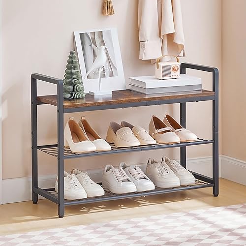 HOOBRO Banco de zapatos, banco de entrada de 3 niveles, banco de almacenamiento de zapatos de 29.5 pulgadas de largo con asas de metal, organizador
