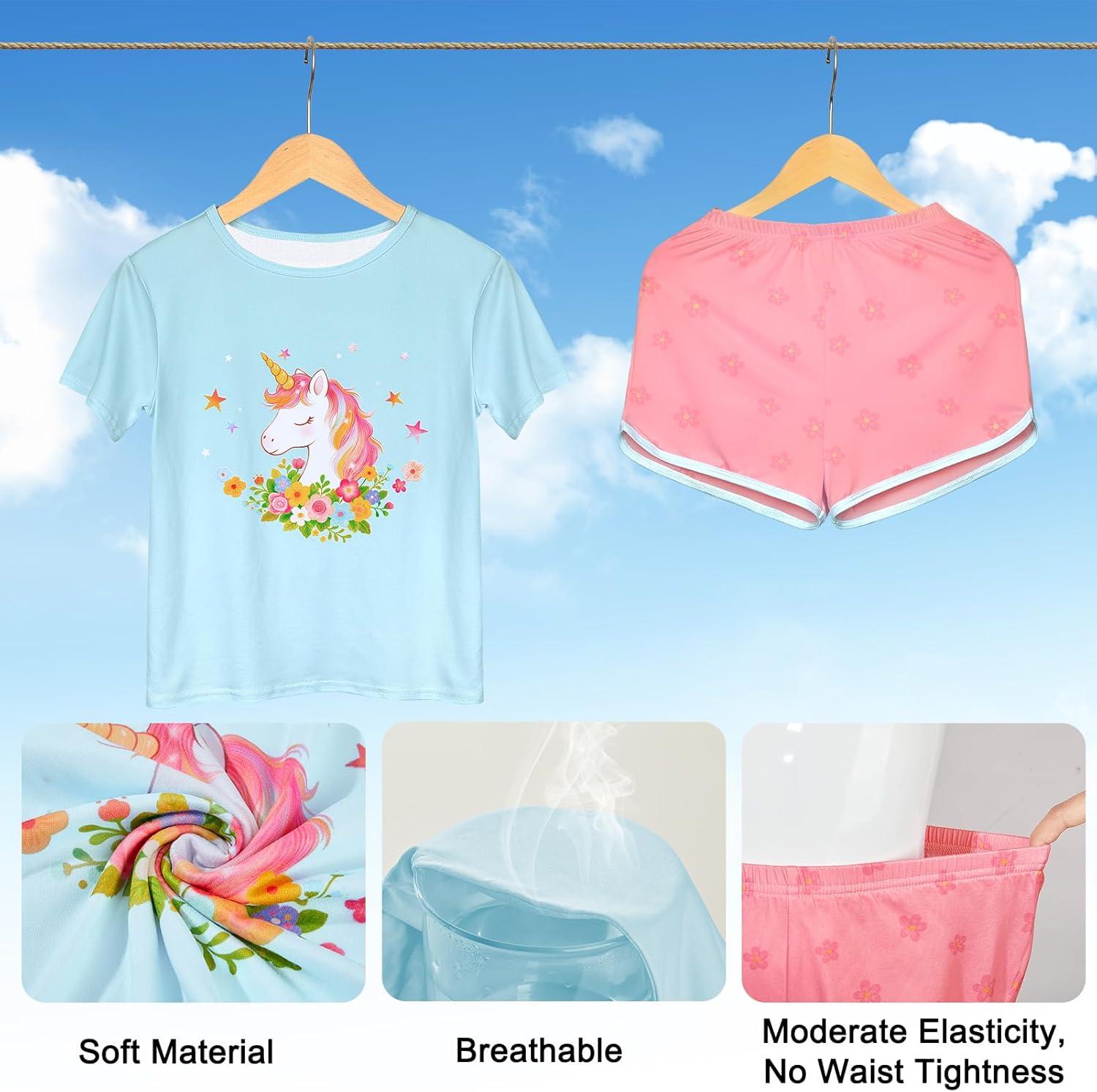 ICOSY Girls Pajamas for Kids Pajamas Toddler Girls 2 PCS Short Sleeve Top and Shorts Clothes - Image 5