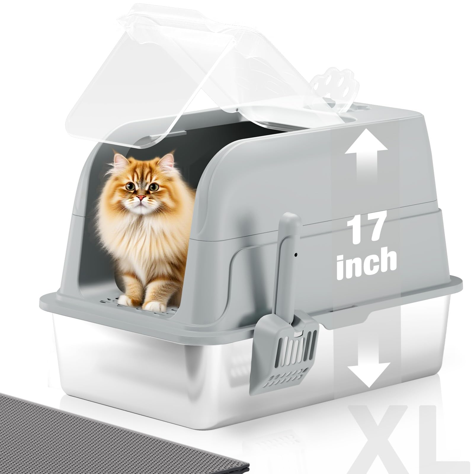 APPKER Stainless Steel Cat Litter Tray with Lid, XL Large Enclosed High Sided Cat Litter Tray, Metal Cat Box with 120° Fully Transparent Detachable Lid, Scoop & Mat - Grey