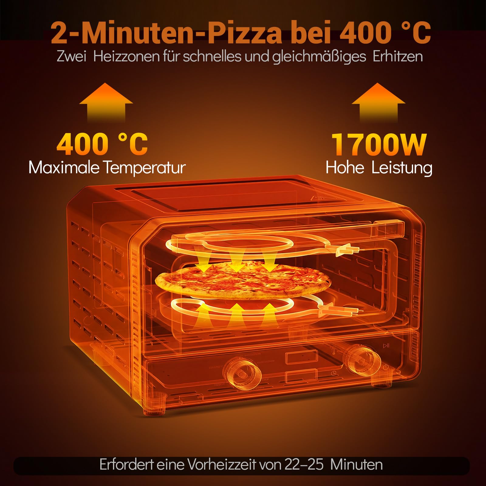 COSTWAY Elektrischer Pizzaofen, Pizza Oven erhitzt bis zu 400℃, Pizzamaker mit 6 Voreinstellungen & 2-Minuten Backfunktion & Pizzastein & Schneiderad, Indoor, Steinofenplatte