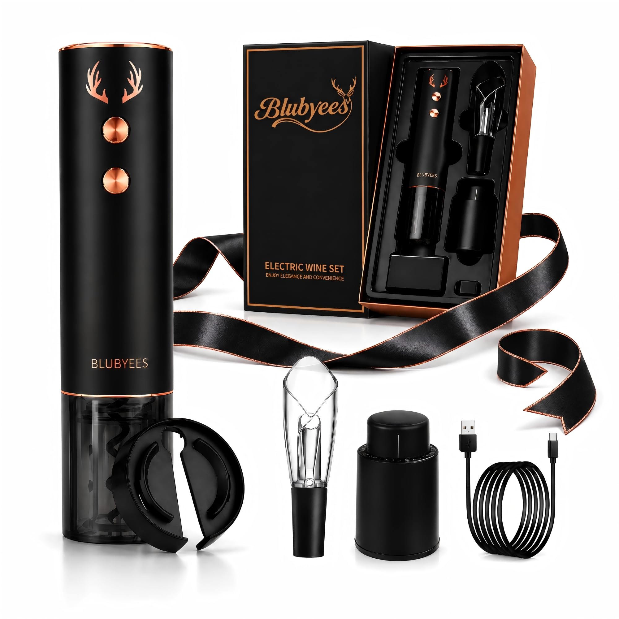 Kit tire-bouchon électrique rechargeable BLUBYEES avec 4 accessoires essentiels pour le vin
