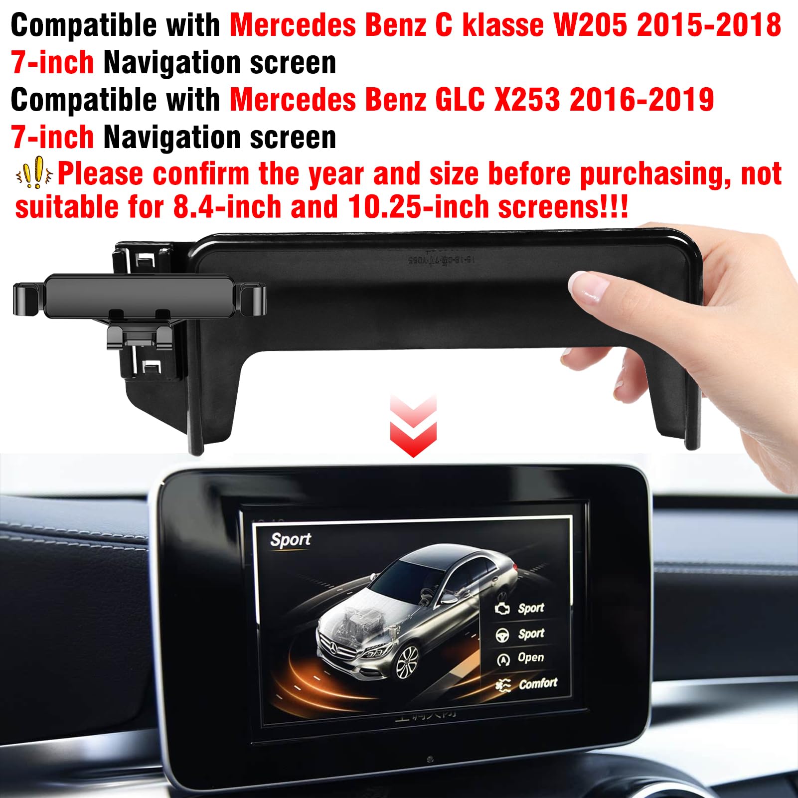 TTCR-II 7-inch Kompatibel mit Mercedes Benz W205 Handyhalterung Passt Basis für C klasse W205 2015-2018/GLC X253 2016-2019, GLC Smartphone Handyhalter(Nicht für 8,4/10,25‑Zoll‑Bildschirme geeignet!!!)