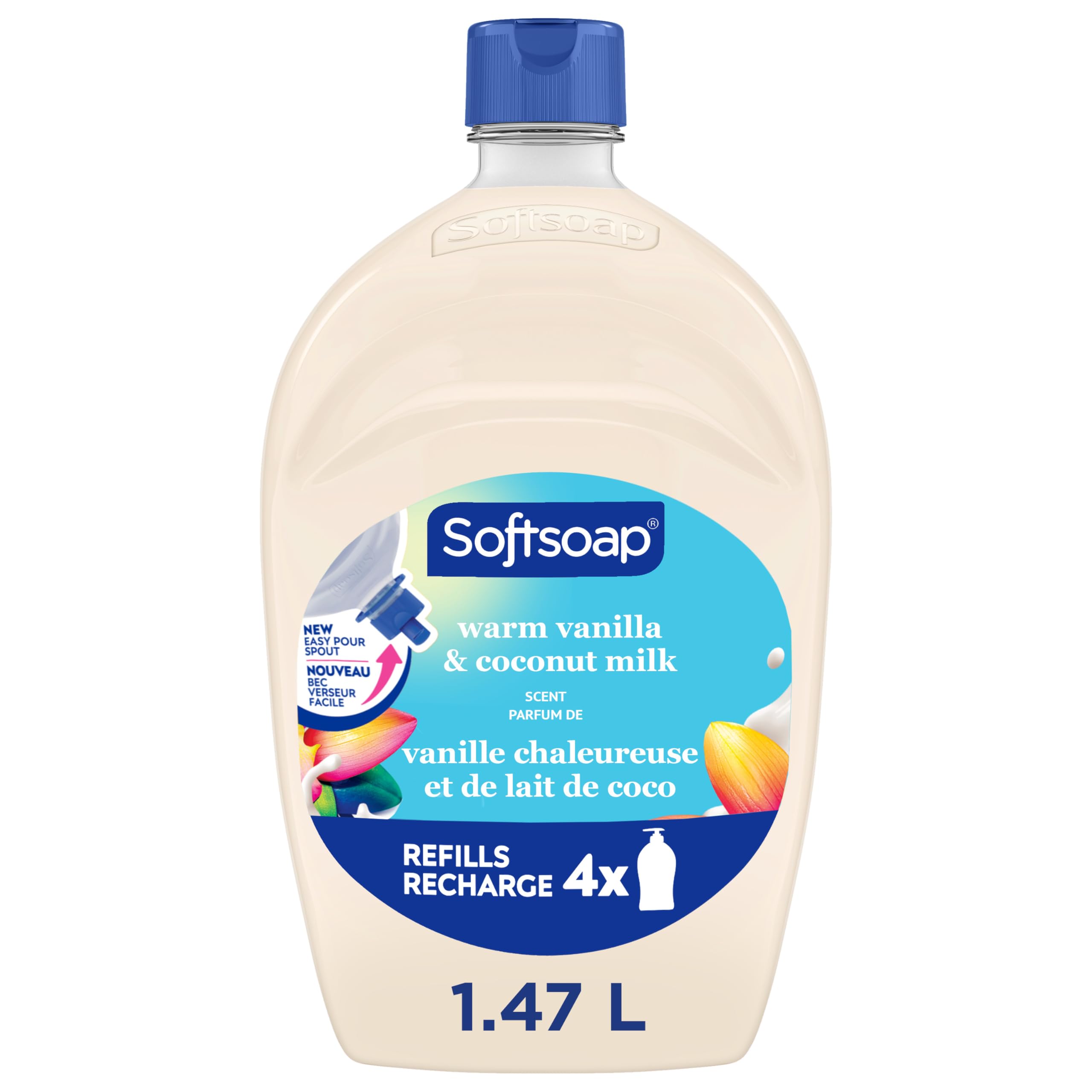 Close-up of the Softsoap Warm Vanilla and Coconut Milk 50 oz refill bottle, highlighting its large size and easy-pour spout.