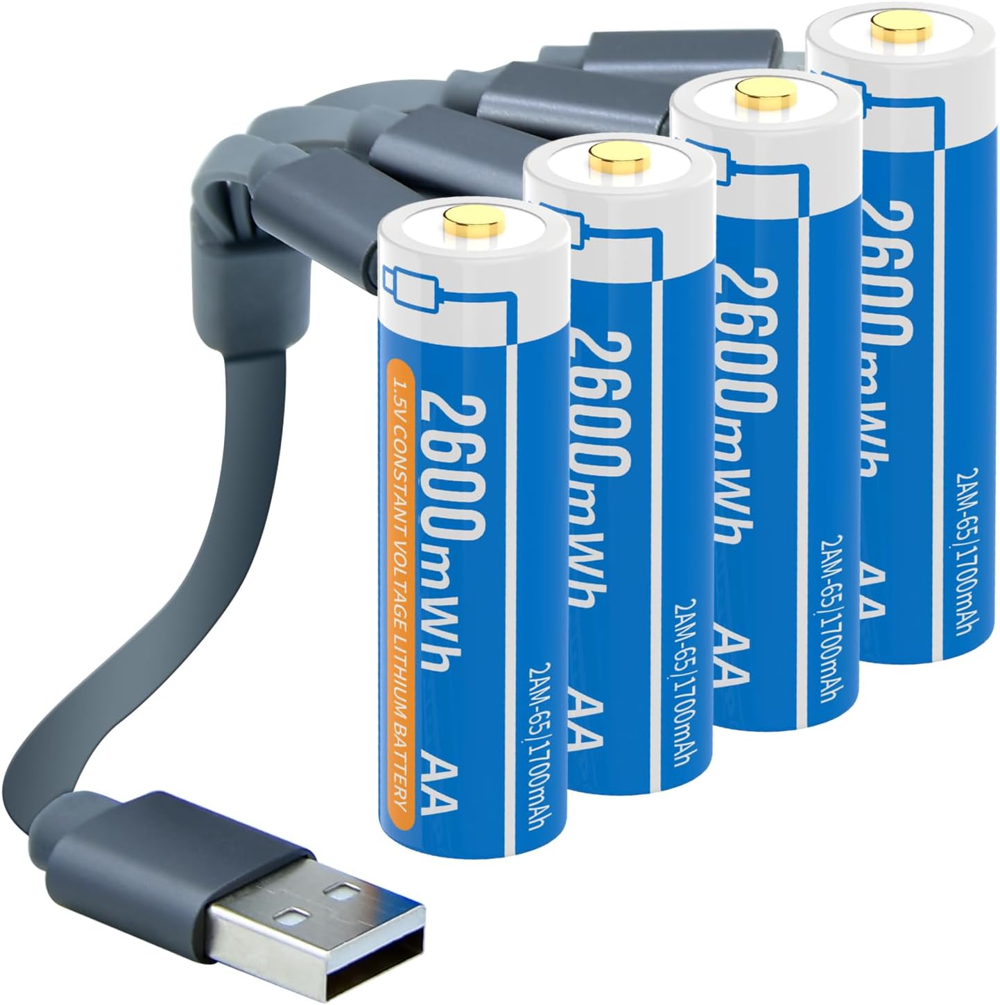 1.5V AA Lithium Rechargeable Batteries, High Capacity 2600mWh(1700mAh) Double A Lithium ion Rechargeable Battery, 1500 Cycles with 4 in 1 USB Charging Cable (4 Pack with Storage Box)