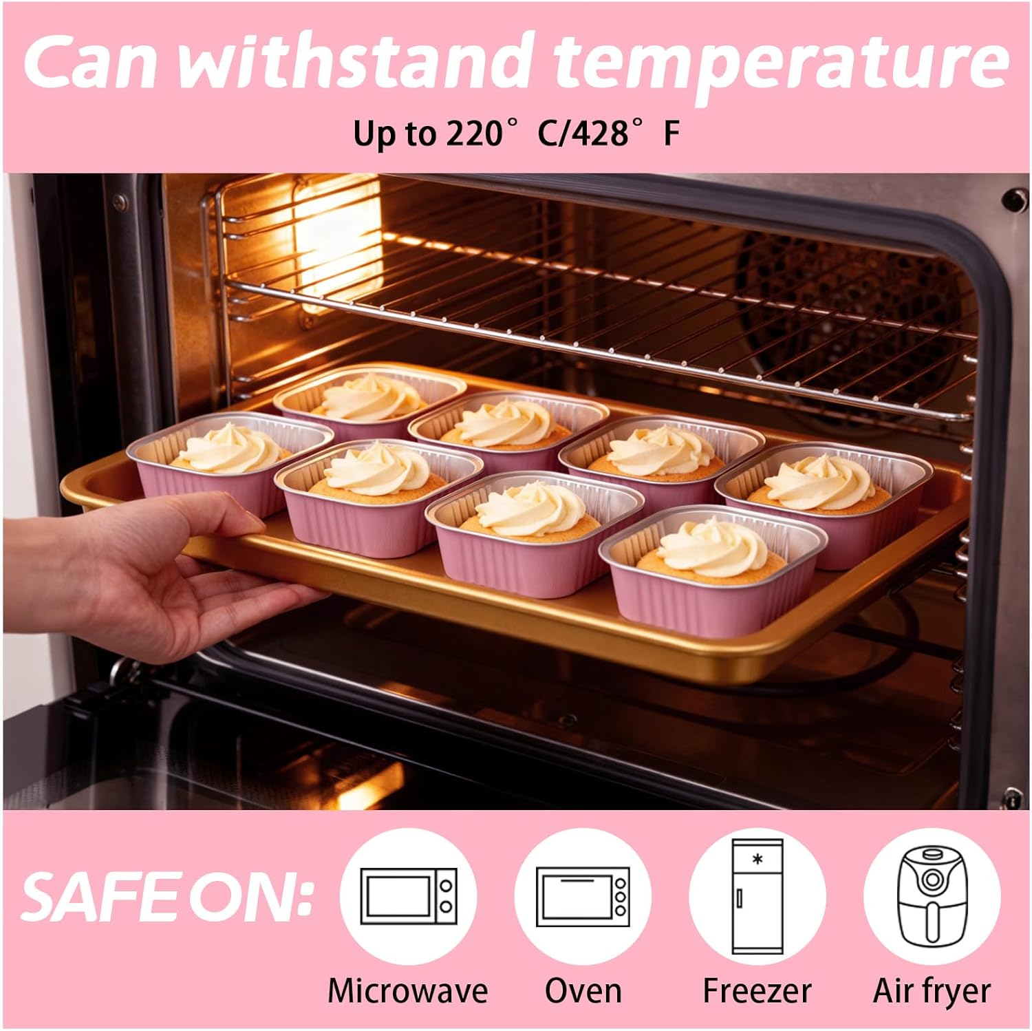 200 Pack 10 oz Pink Square Mini Cake Pans with Lids, Aluminum Foil Square Brownie Baking Cups for Ramekins Muffin Cupcake Wedding Birthday Party - Image 3