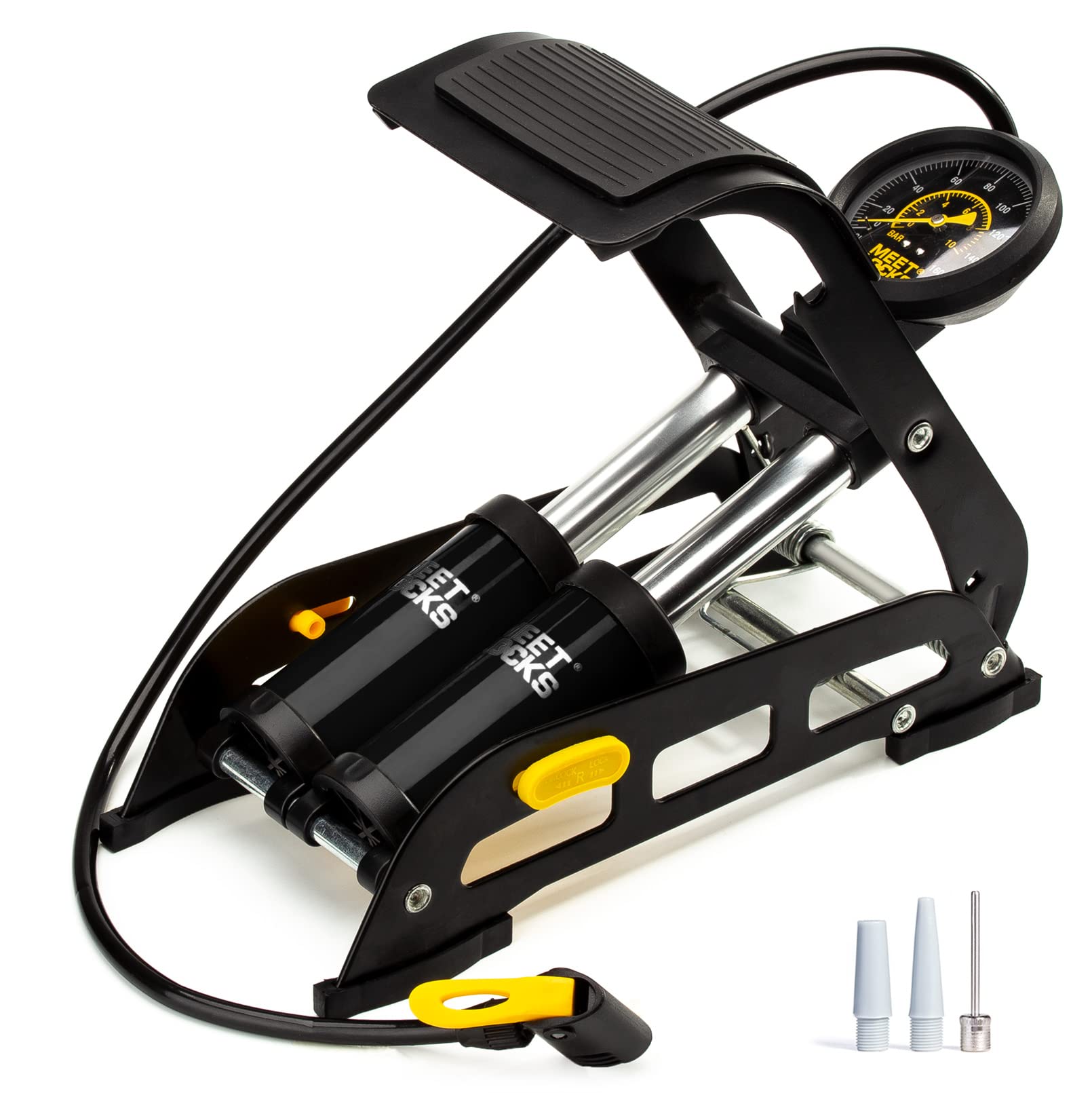 MEETLOCKS Double Cylinder Barrel Bike Foot Pump,160PSI Aluminum Body Floor Air Pump with Precisional Accurate Pressure Gauge Smart Valve Head for