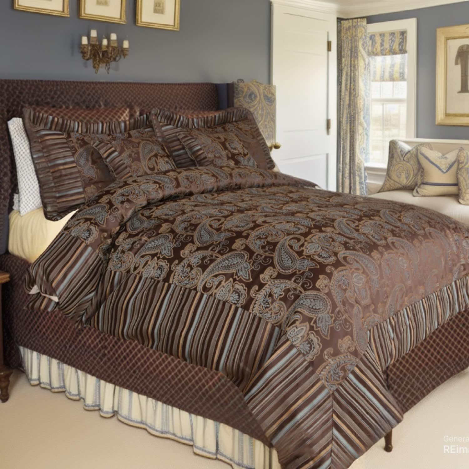 Tache 6 Piece Luxurious Baroque Paisley Jacquard Comforter Set - Brown Full/Queen Size with Blue and Gold Floral Pattern - Elegant, Heavyweight Bedding for Bedroom Decor
