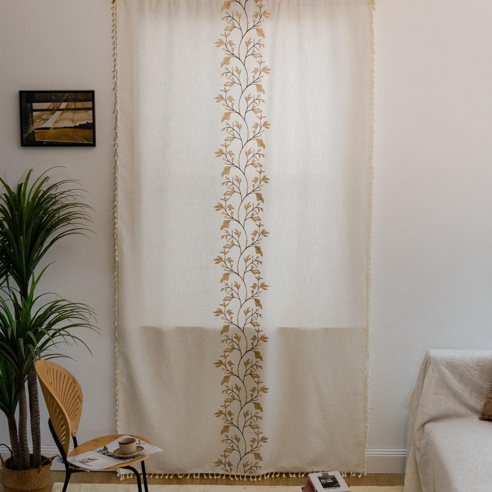 A.Monamour Tenda per Interni Traslucido Semi Oscurante Boho Decorativo con Nappe Floreale in Cotone Tessuto Tende a Pannello Porta Finestra per Camera da Letto Soggiorno Cucina, 1 Pezzo, fiori dorati