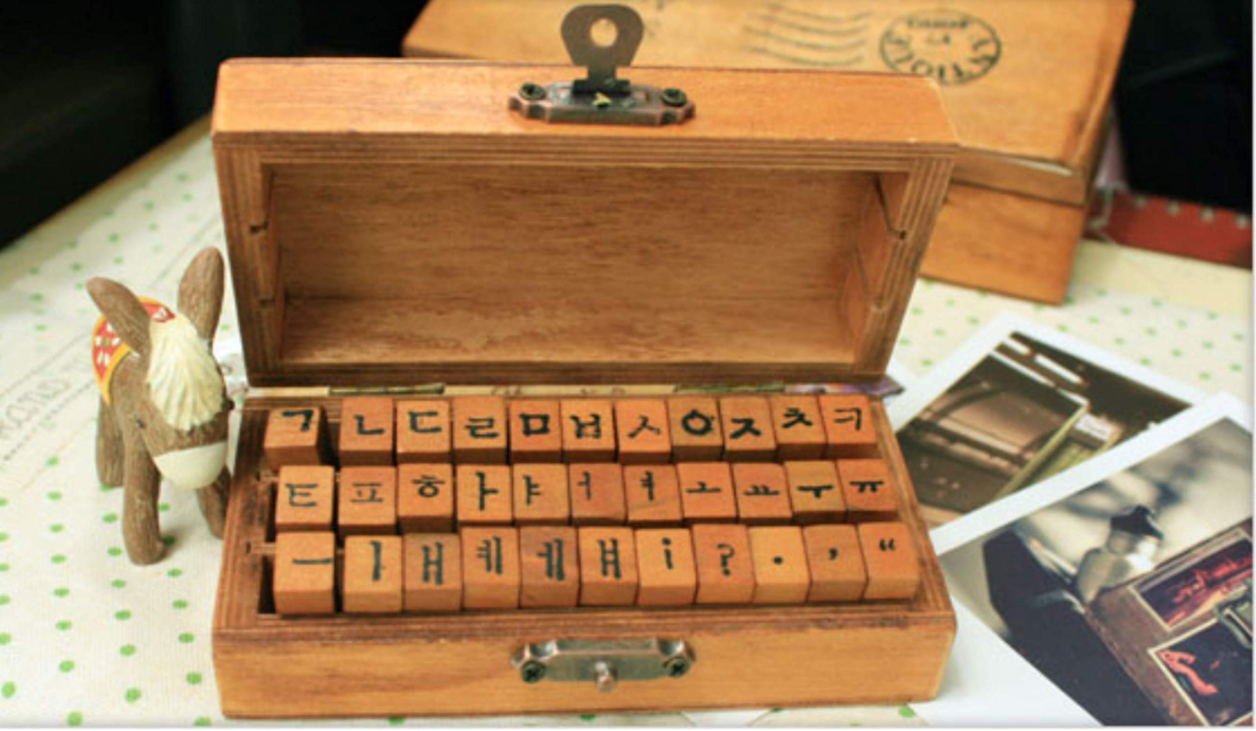 Korean Alphabet Rubber Stamp (33 Pcs) Bundle w/Black Ink Pad 한글 스탬프 Characters Wooden Box Vintage Antique Finish - Typewriter Font
