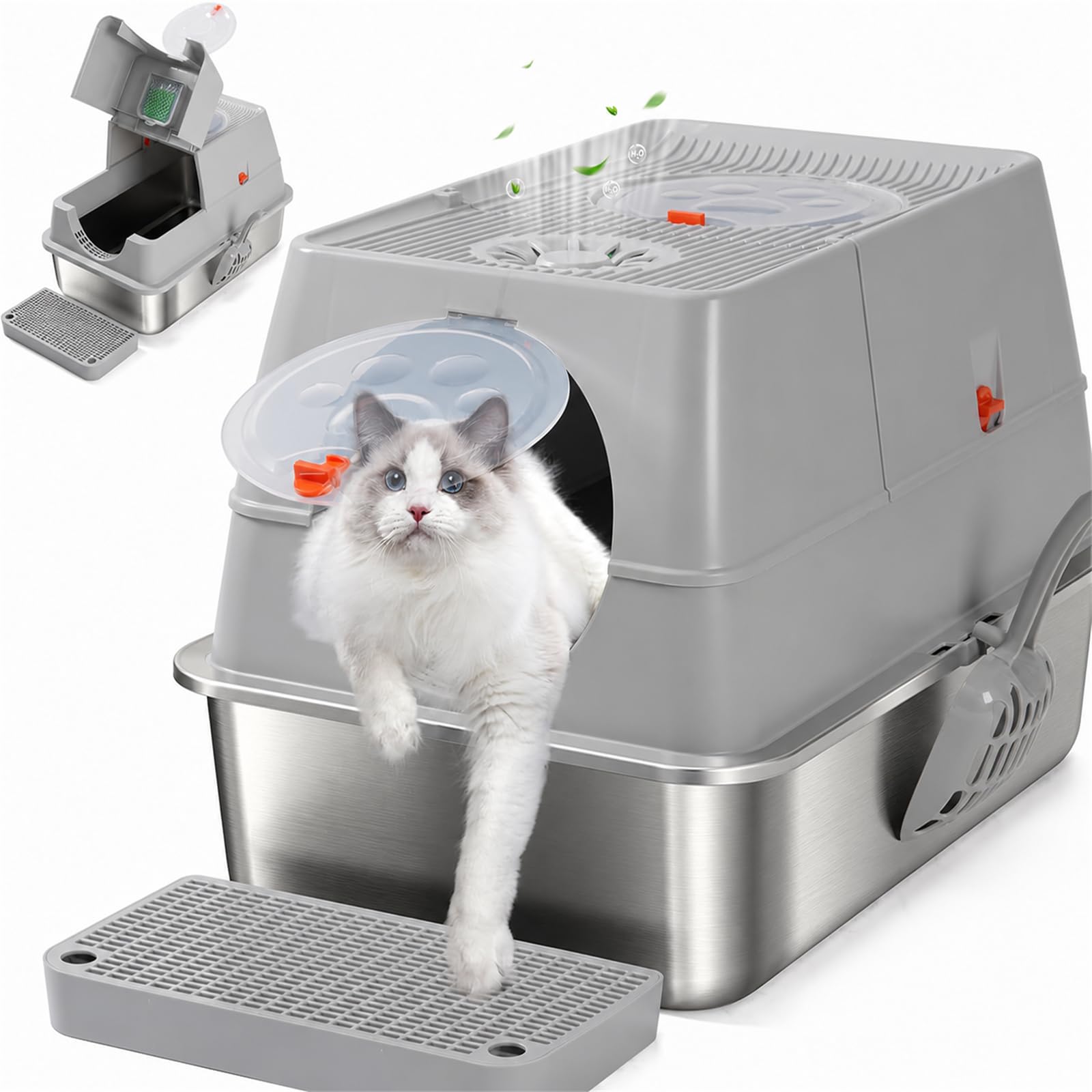 Lettiera per gatti in acciaio inox – coperta, adatta per gatti piccoli, medi e grandi, facile da pulire, controllo degli odori, superficie antiaderente, rimovibile, flip top a 180°, grigio