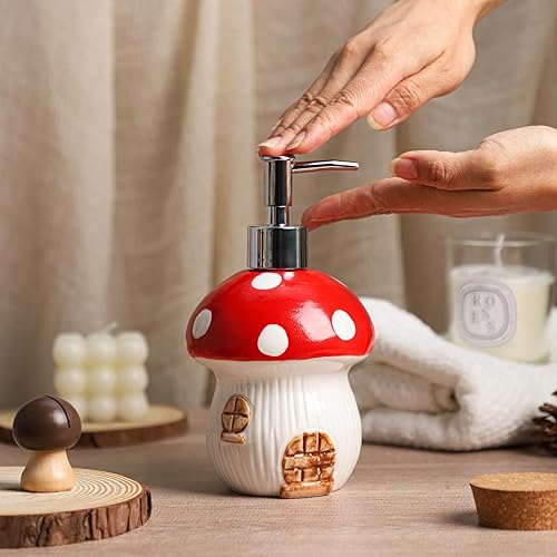 Miniatura 4 de Gaolinci Dispensador de jabón de manos de cerámica de 15 onzas, dispensador de jabón líquido para baño con bomba a prueba de fugas, hongo rojo