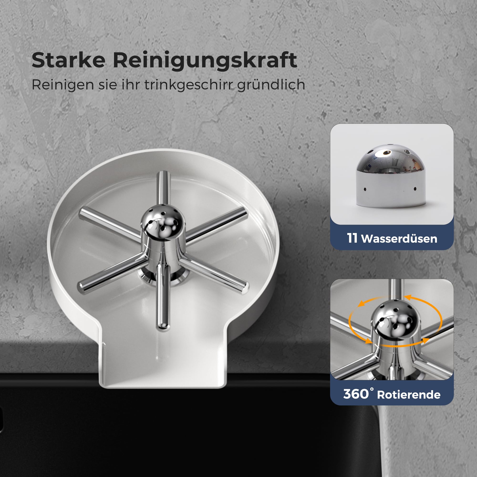 Vancoco Automatische Edelstahl Glasspüler für Küchenspülen Tassenreiniger Flaschenwascher für Bar Restaurant Babyflasche Cafés mit 360° Drehbaren Düsen （ Weiß）