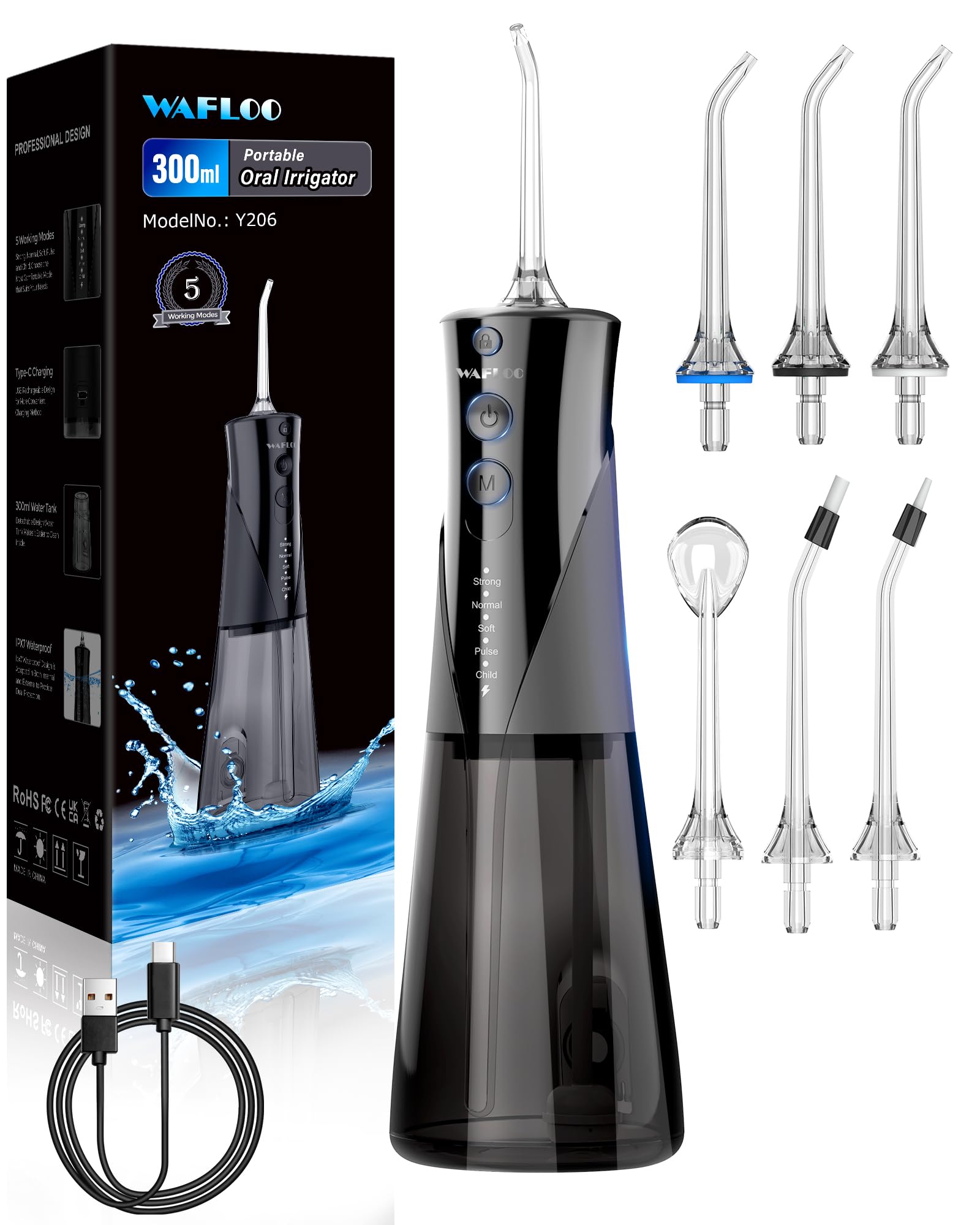 Idropulsore Dentale con 5 Modalità e 6 Beccucci - Design Portatile e Ricaricabile, Serbatoio da 300ml, Pulizia Profonda per Denti e Gengive, Impermeabile IPX7（nero）