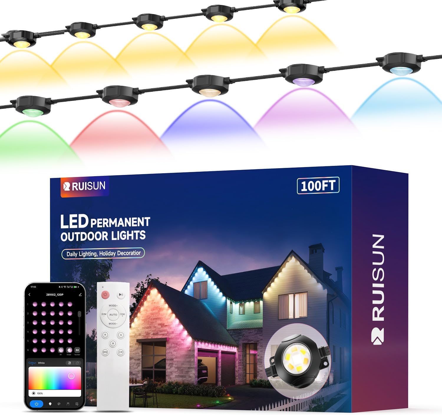 Permanent Outdoor Lights for House, 100FT with 60 RGBCW LEDs for Christmas, Daily and Holiday Lighting, Eave Lights for Outdoor Decorations, IP67 Waterproof, Works with Alexa, Google Assistant, Black