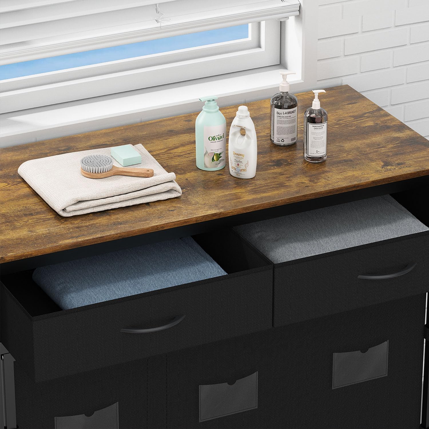 180L Laundry Sorter 3 Section with Shelf,Divided Laundry Hamper with Wheels and Drawers,Pull-out Rolling Laundry Cart with Folding Table on Top