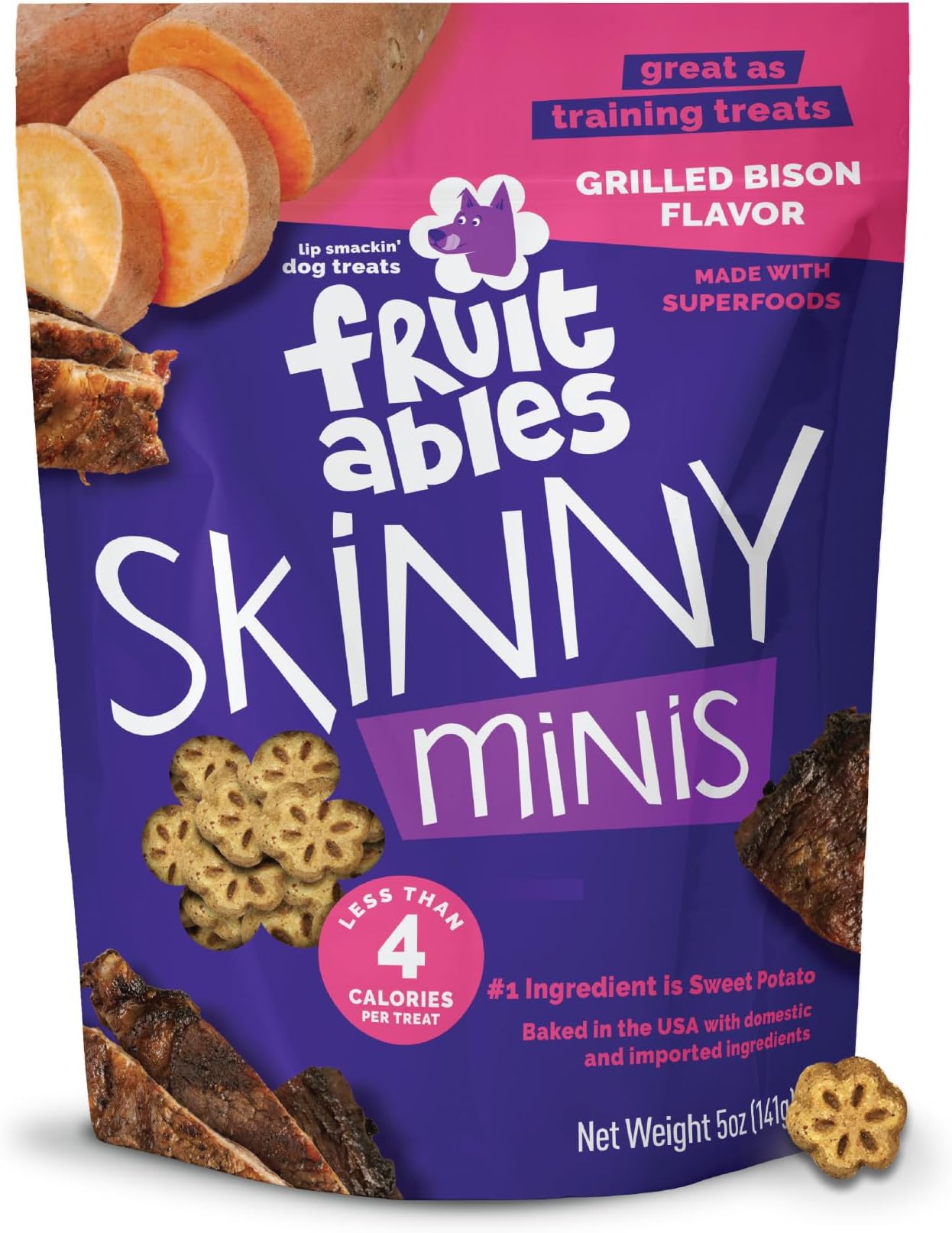 FRUITABLES Skinny Minis Chewy Dog Treats in Grilled Bison Flavor 1-5-Ounce Pouch