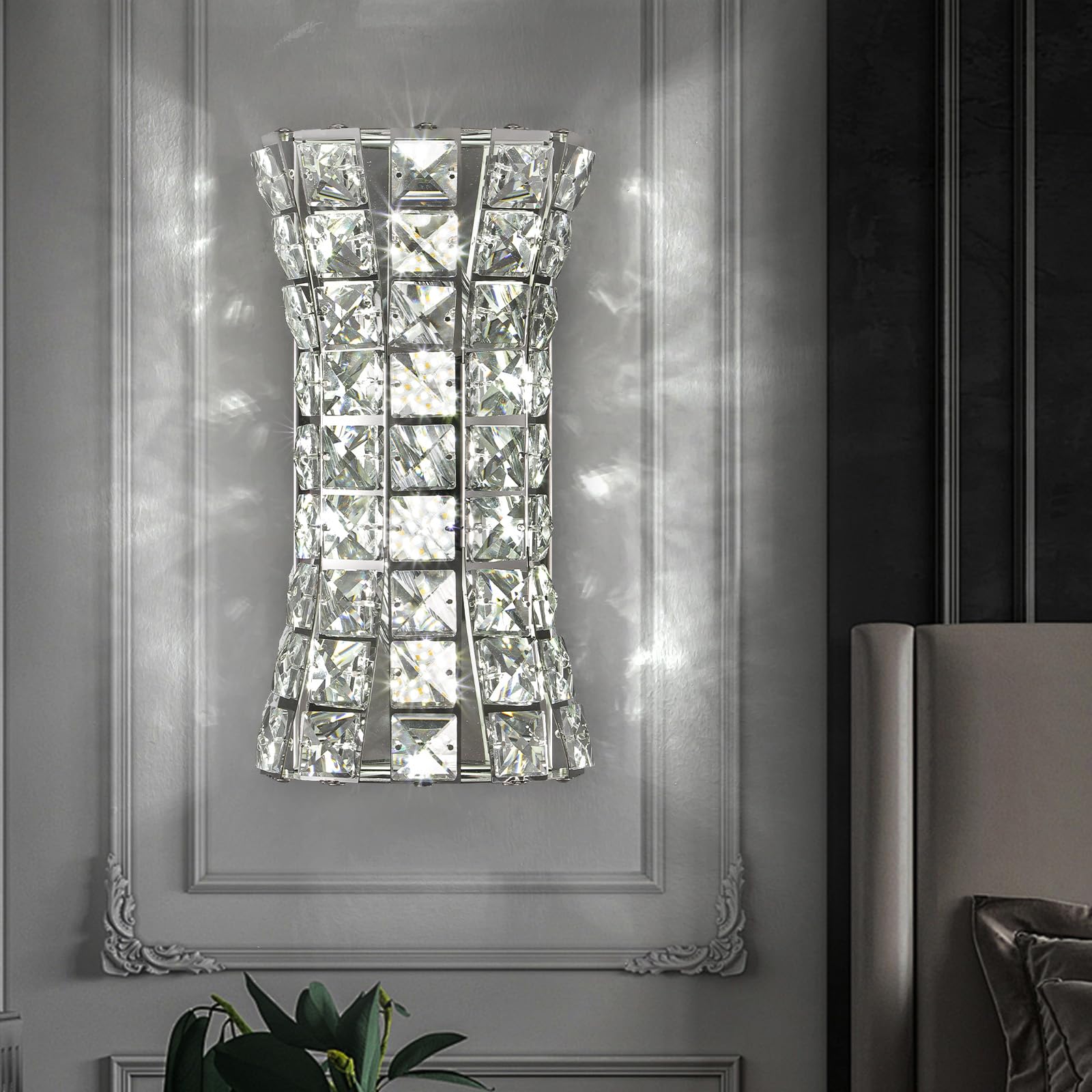 Crystal Wall Light Fixtures,Modern Chrome Wall Lamp with Clear K9 Crystals,Luxury Crystal Wall Sconces for Living Room Bedroom Bathroom Hallway Doorway Stairway,Bedside