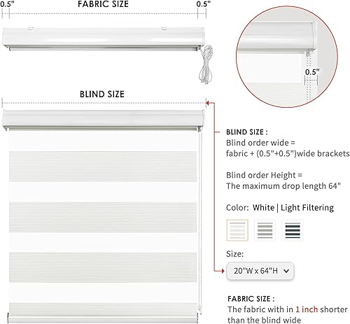 Miniatura 4 de Allbright Persianas enrollables de doble capa con diseño de cebra blanca para ventana de 53 pulgadas de ancho x 64 pulgadas de alto, para oscurecer