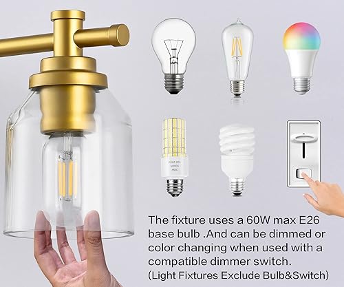 Miniatura 9 de SOLFART Lámparas de baño doradas 3 luces de tocador de baño, lámparas de pared sobre espejo vintage