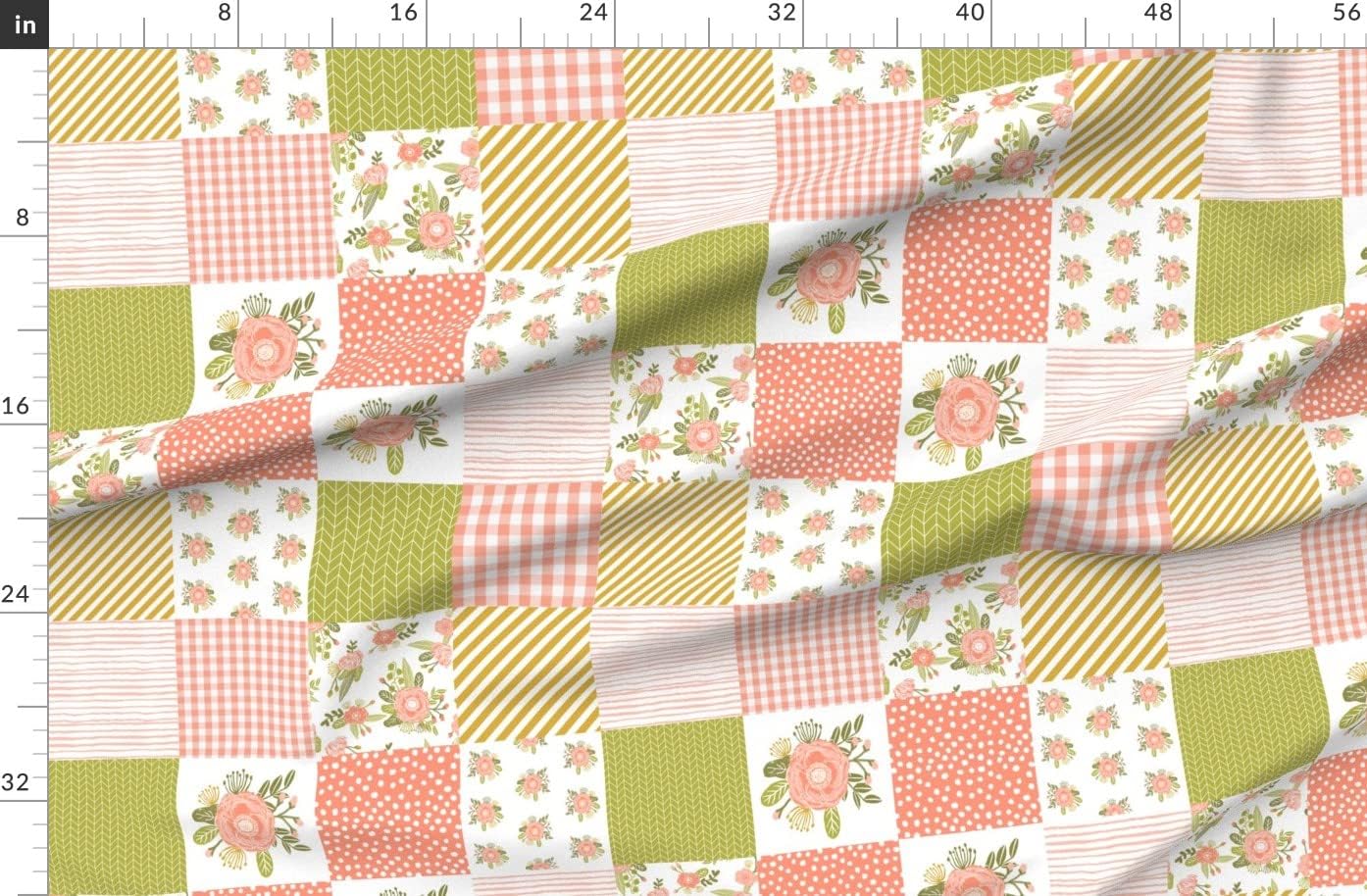 Spoonflower Fabric - Cheater Quilt Blush Coral Floral Squares Wholecloth Top Printed on Organic Cotton Sateen Fabric by The Yard - Sewing Quilting Apparel Home Decor