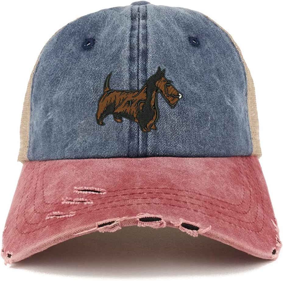 Trendy Apparel Shop Scottish Terrier Dog Embroidered Frayed Bill Trucker Mesh Back Cap